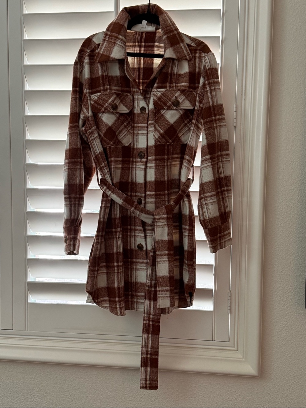 Steve Madden Brown and Cream Plaid Long-Sleeve Belted Dress